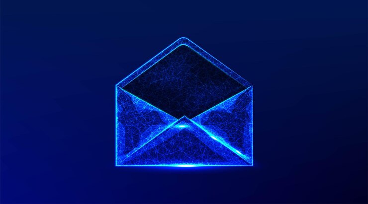 Vector diseño de malla de estructura alámbrica de baja poli abstracta de carta de correo de mensaje abierto de la ilustración de vector de punto y línea de conexión sobre fondo azul