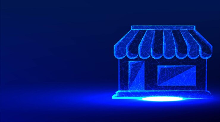 Vector diseño de malla de estructura alámbrica de baja poli abstracto de construcción de tiendas a partir de la ilustración de vector de punto y línea de conexión sobre fondo azul