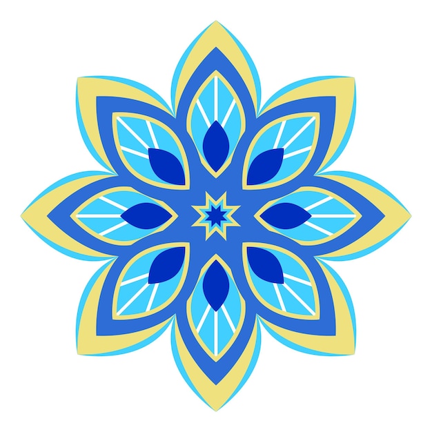 Diseño de mandala azul y amarillo con patrones geométricos simétricos