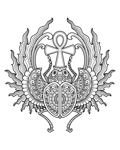 Diseño de mandala escarabajo escarabajo. página para colorear