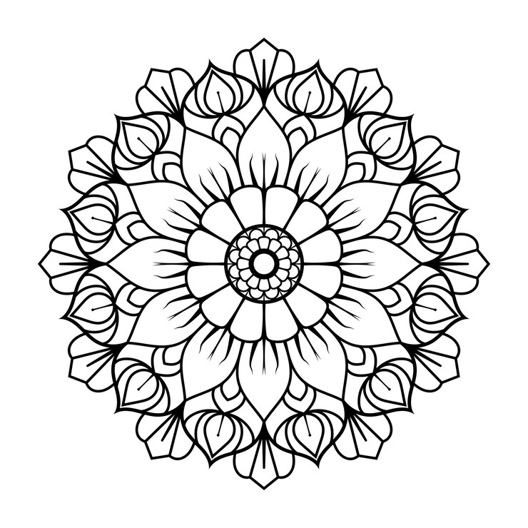 Diseño de mandala floral con intrincados patrones de pétalos en blanco y negro