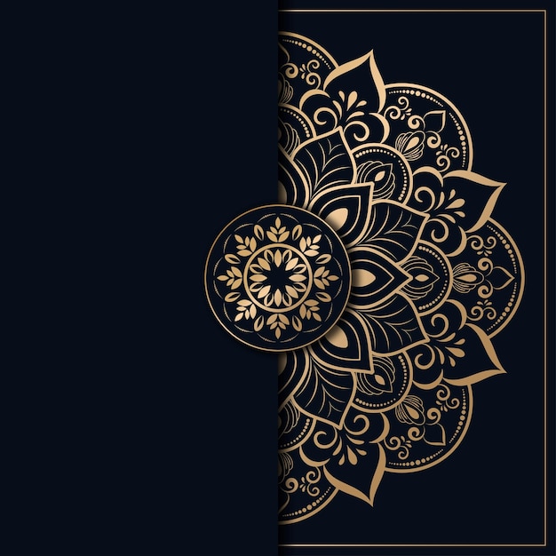 Diseño de mandala con fondo de mandala de flores de color dorado y azul oscuro