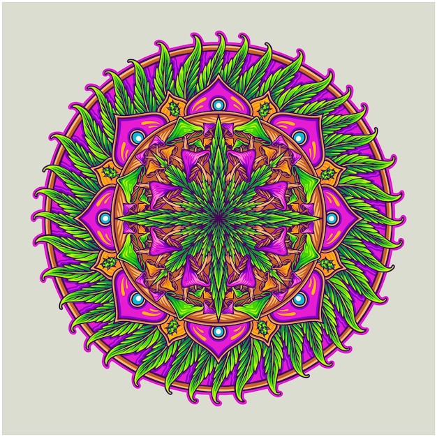 Diseño de mandala con hojas de cannabis y patrones geométricos