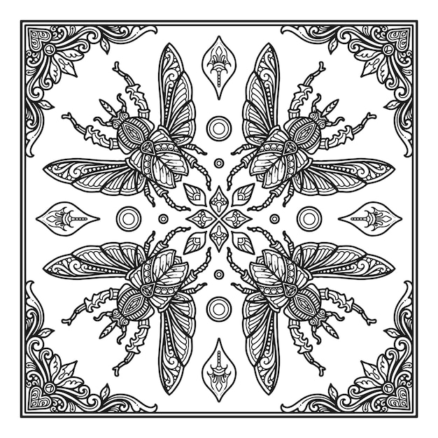 Diseño de mandala de insectos para impresión de diseño de bandana o camiseta