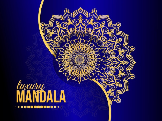 diseño de mandala de lujo fondo azul con diseño dorado y negro y dorado