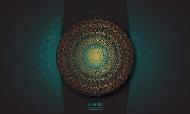 Diseño de mandala redondo diseño de lujo texto de pincel dorado.