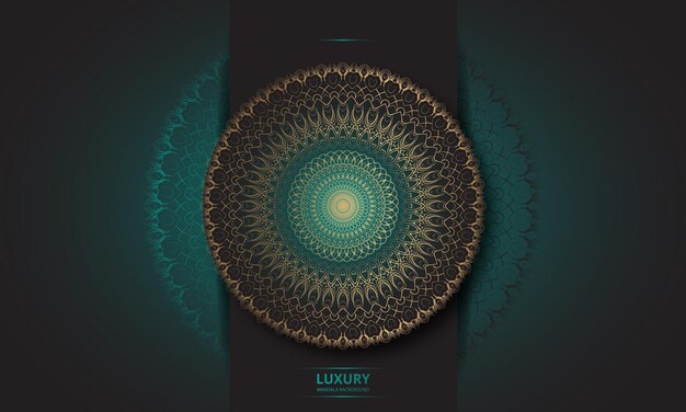 Diseño de mandala redondo diseño de lujo texto de pincel dorado.