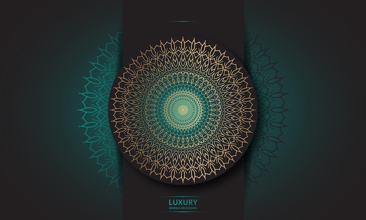 Diseño de mandala redondo diseño de lujo texto de pincel dorado.