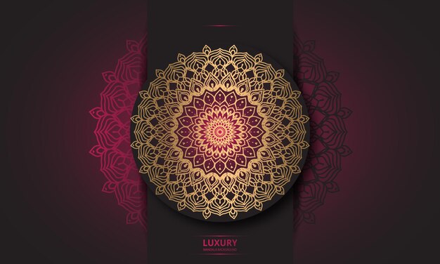 Diseño de mandala redondo diseño de lujo texto de pincel dorado.