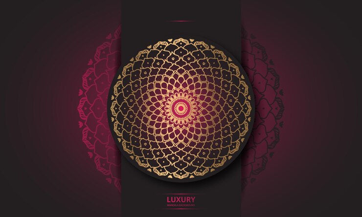 Diseño de mandala redondo diseño de lujo texto de pincel dorado.