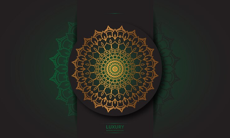 Diseño de mandala redondo diseño de lujo texto de pincel dorado.