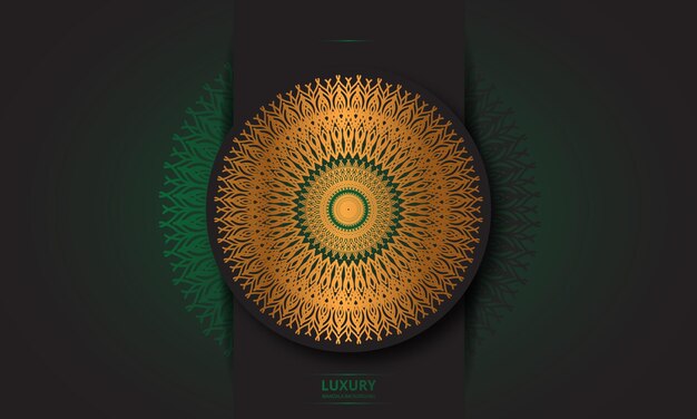 Diseño de mandala redondo diseño de lujo texto de pincel dorado.