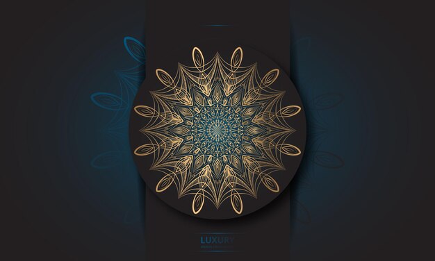Diseño de mandala redondo diseño de lujo texto de pincel dorado.
