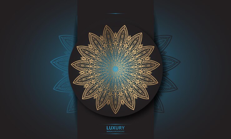 Diseño de mandala redondo diseño de lujo texto de pincel dorado.