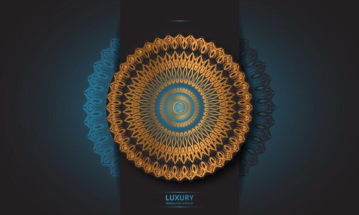 Diseño de mandala redondo diseño de lujo texto de pincel dorado.