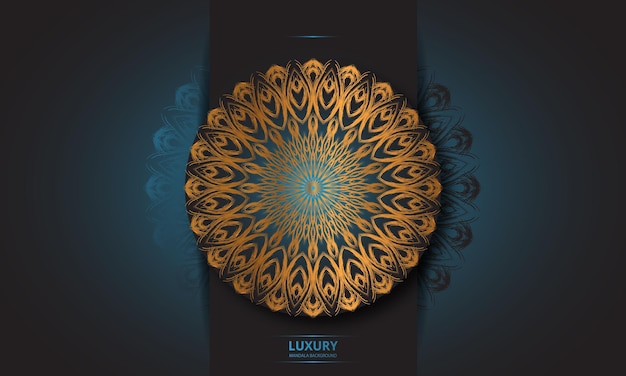 Diseño de mandala redondo diseño de lujo texto de pincel dorado.