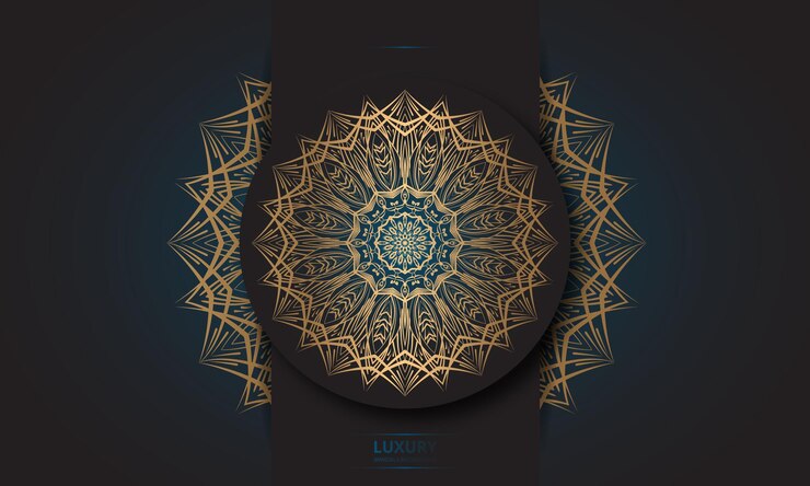 Diseño de mandala redondo diseño de lujo texto de pincel dorado.