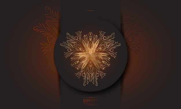 Diseño de mandala redondo diseño de lujo texto de pincel dorado.