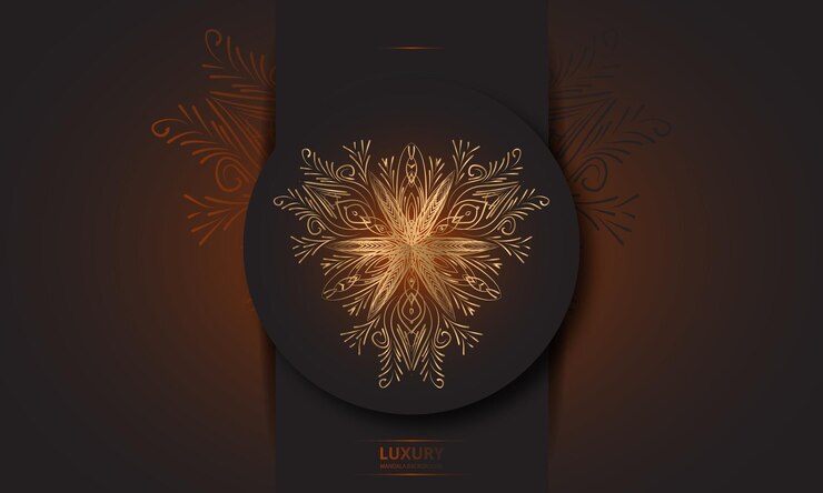 Diseño de mandala redondo diseño de lujo texto de pincel dorado.