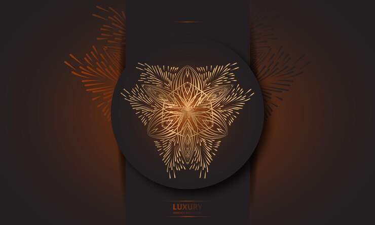 Diseño de mandala redondo diseño de lujo texto de pincel dorado.