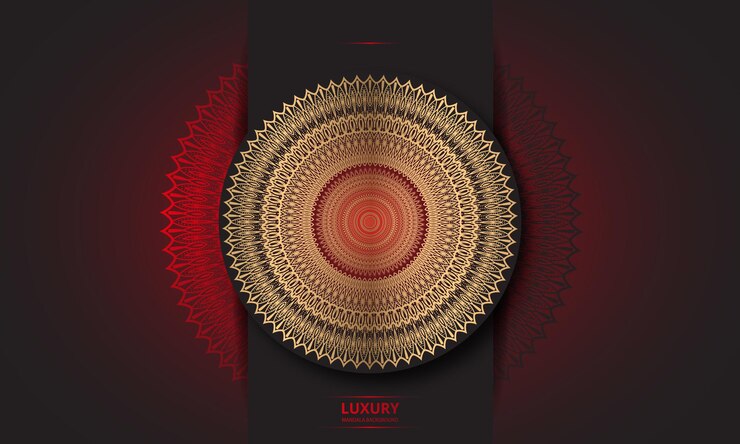 Diseño de mandala redondo diseño de lujo texto de pincel dorado.
