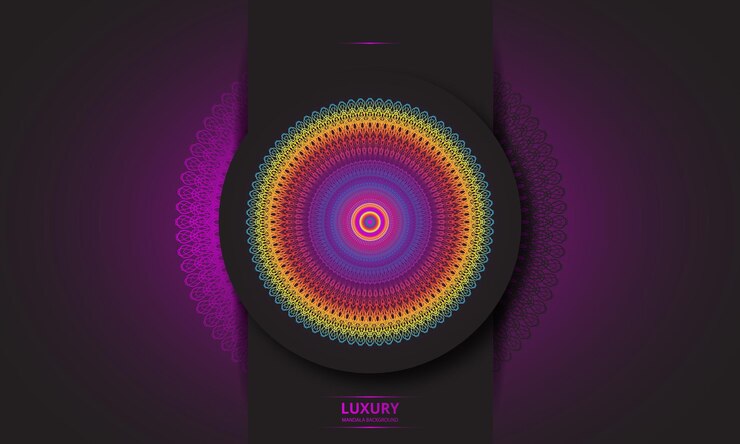 Diseño de mandala redondo diseño de lujo texto de pincel dorado.