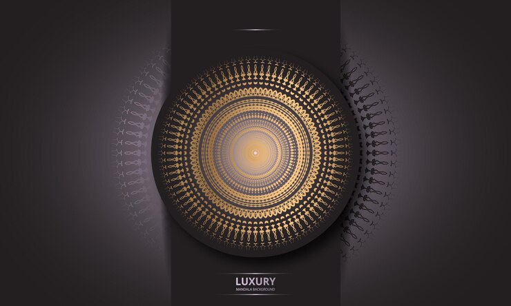 Vector diseño de mandala redondo diseño de lujo texto de pincel dorado.