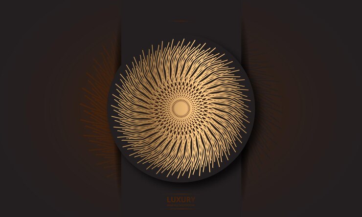 Diseño de mandala redondo diseño de lujo texto de pincel dorado.