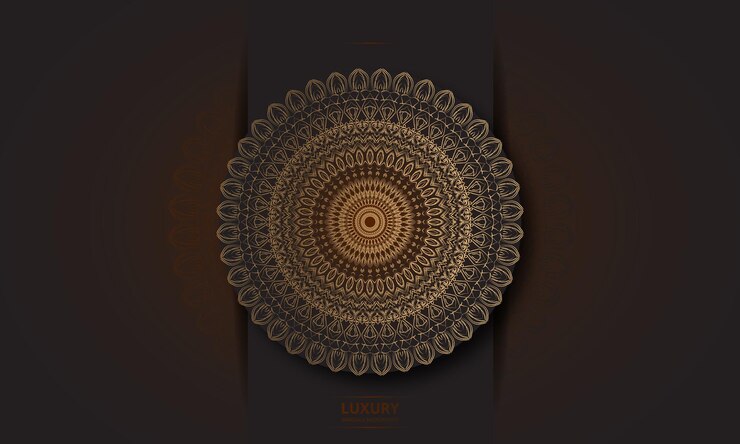 Diseño de mandala redondo diseño de lujo texto de pincel dorado.