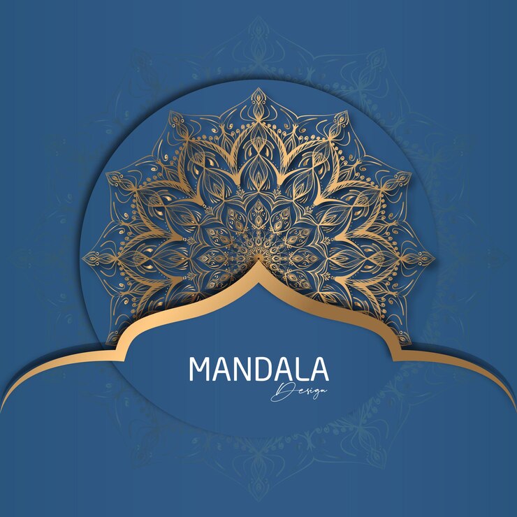 Diseño de mandala redondo diseño de lujo texto de pincel dorado