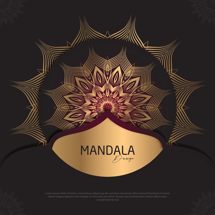 Diseño de mandala redondo diseño de lujo texto de pincel dorado