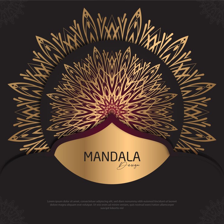 Diseño de mandala redondo diseño de lujo texto de pincel dorado