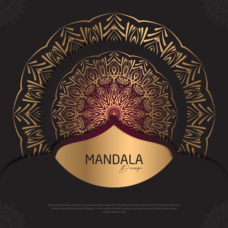 Diseño de mandala redondo diseño de lujo texto de pincel dorado
