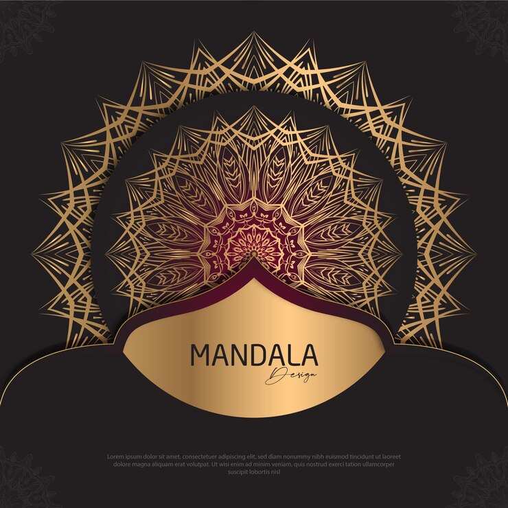 Diseño de mandala redondo diseño de lujo texto de pincel dorado