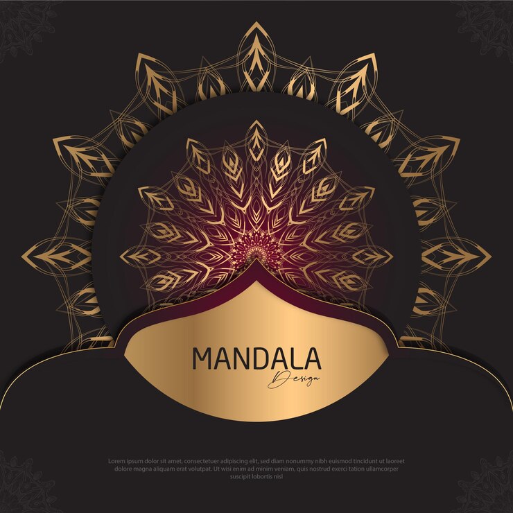 Diseño de mandala redondo diseño de lujo texto de pincel dorado