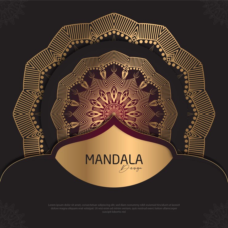 Diseño de mandala redondo diseño de lujo texto de pincel dorado