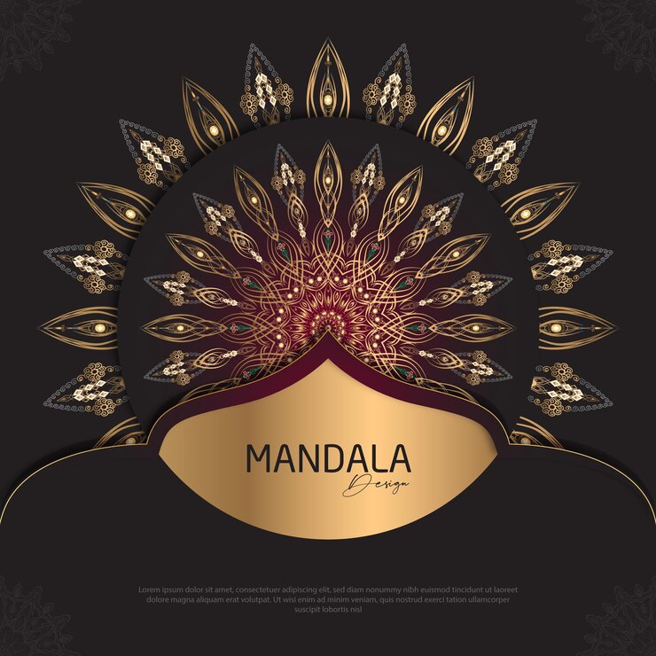 Diseño de mandala redondo diseño de lujo texto de pincel dorado