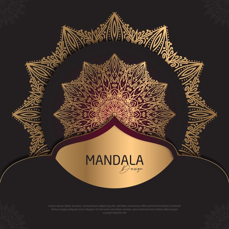 Diseño de mandala redondo diseño de lujo texto de pincel dorado