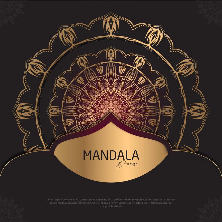 Diseño de mandala redondo diseño de lujo texto de pincel dorado