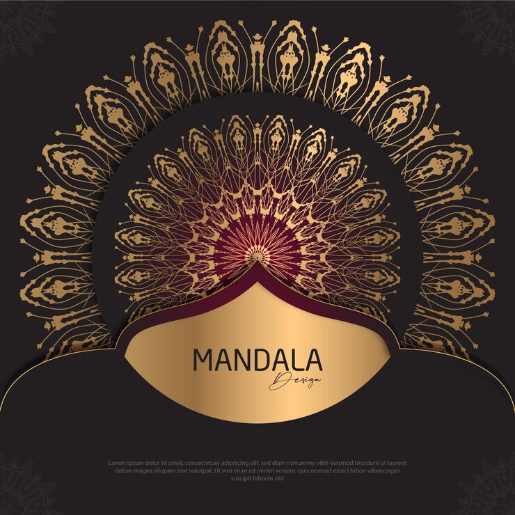 Diseño de mandala redondo diseño de lujo texto de pincel dorado