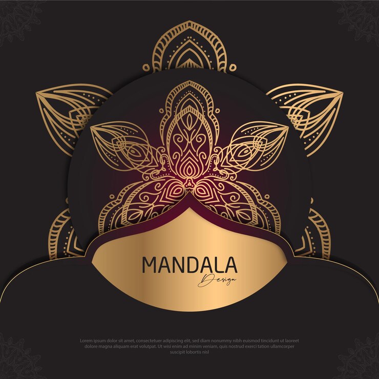 Diseño de mandala redondo diseño de lujo texto de pincel dorado