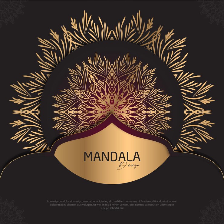 Diseño de mandala redondo diseño de lujo texto de pincel dorado