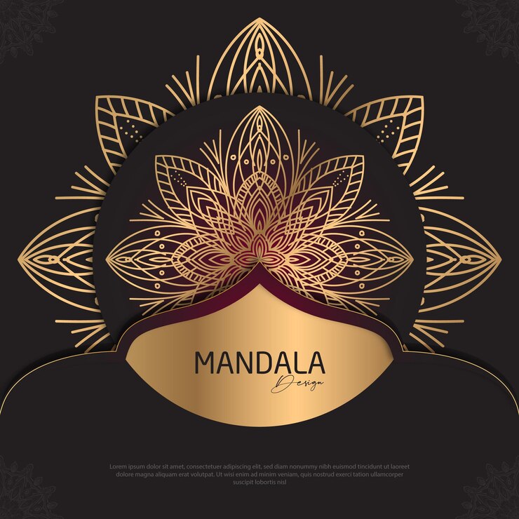 Diseño de mandala redondo diseño de lujo texto de pincel dorado
