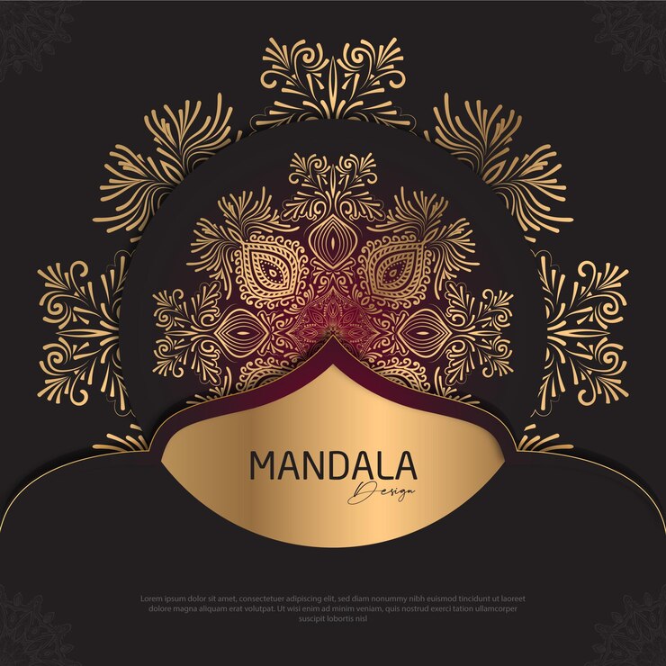 Diseño de mandala redondo diseño de lujo texto de pincel dorado