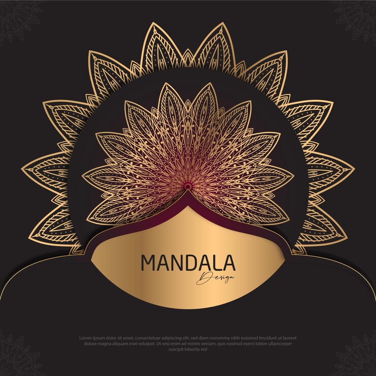 Diseño de mandala redondo diseño de lujo texto de pincel dorado