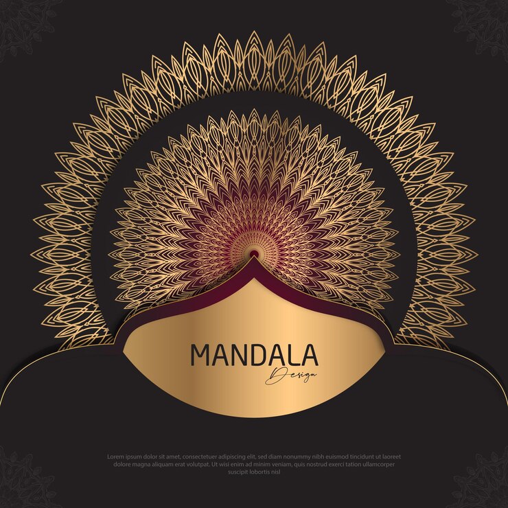 Diseño de mandala redondo diseño de lujo texto de pincel dorado