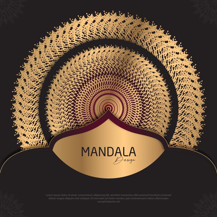 Diseño de mandala redondo diseño de lujo texto de pincel dorado