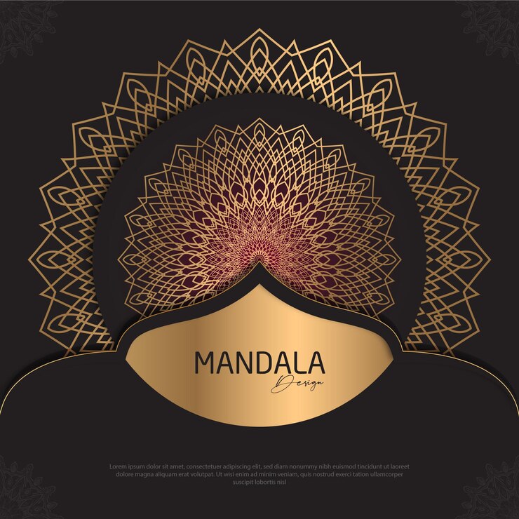 Diseño de mandala redondo diseño de lujo texto de pincel dorado