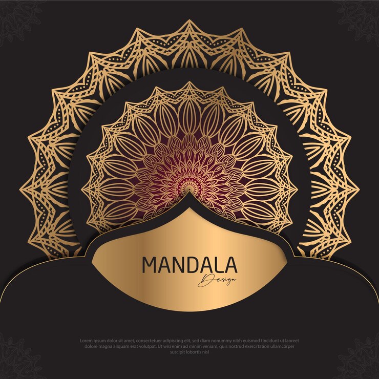 Diseño de mandala redondo diseño de lujo texto de pincel dorado
