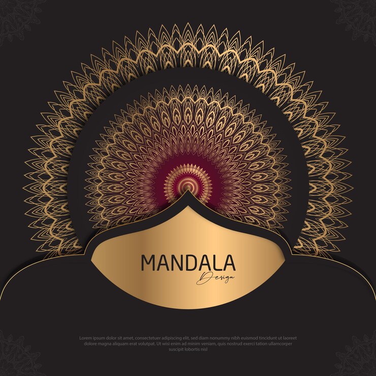 Diseño de mandala redondo diseño de lujo texto de pincel dorado